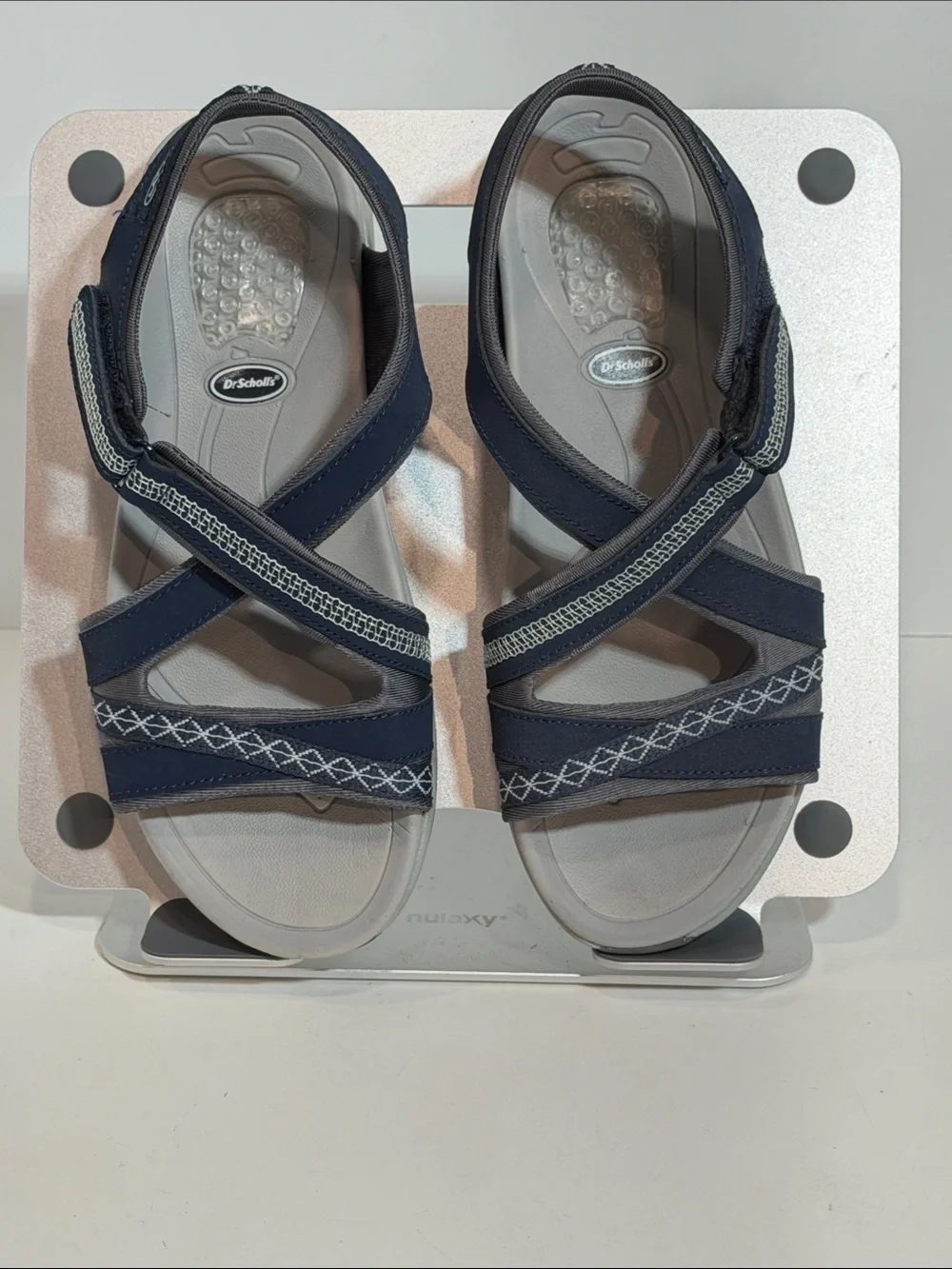 Dr Scholls Size 6.5 Navy Gray Strappy Walking Sandals Gel Heel Cushion Comfort